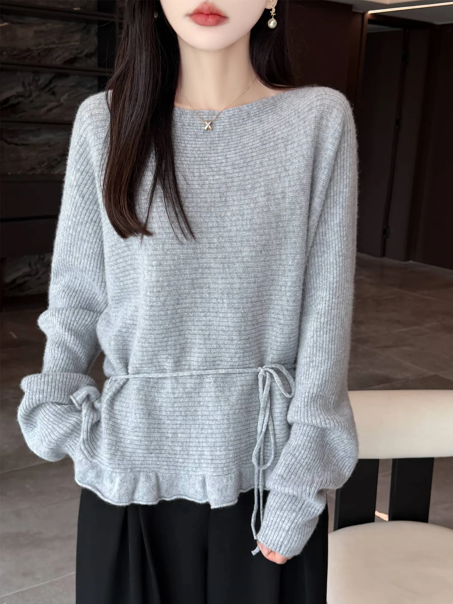 Lazy Style Slash Neck 100% Pure Wool Pullover Sweater Autumn Winter Women's New Soild Batwing Sleeve Loose Knitted Coat Fashion