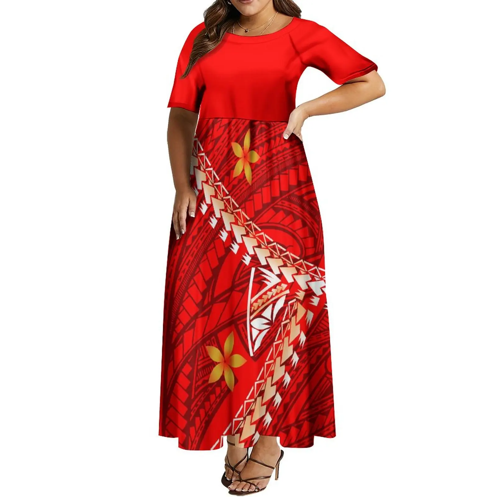 2024 Summer Samoan Women'S Crew Neck Long Dress Big Polynesian Design Party Dress With Hawaiian Men'S Shirt