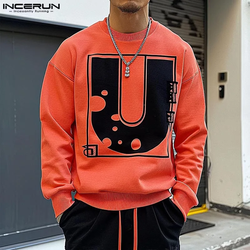 INCERUN Tops 2024 American Style Mens Fashion Letter U-shaped Printed Pullovers Male Personality Long Sleeved O-neck Sweatshirts