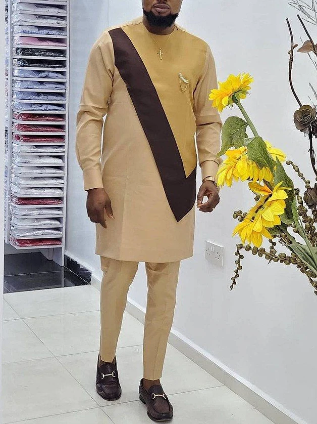 

Men's luxury fashion casual yellow geometric print two-piece set