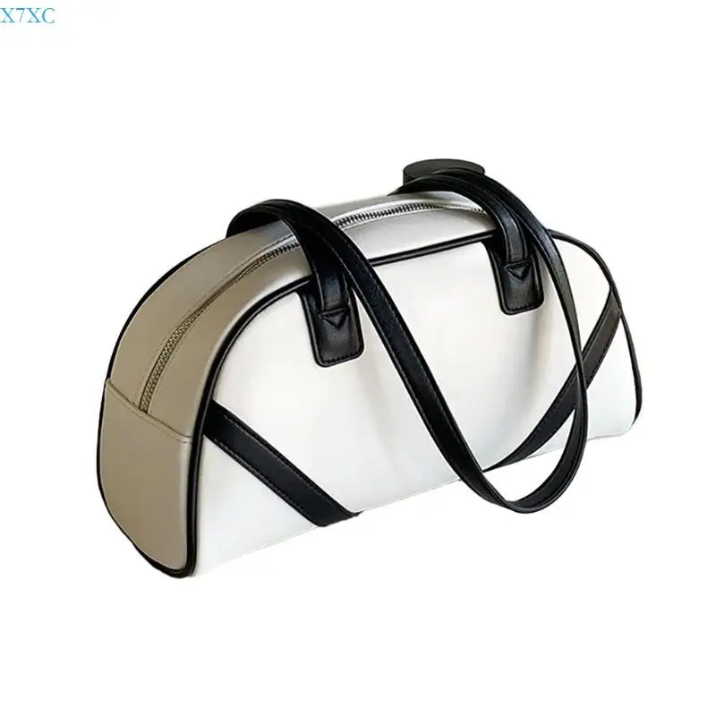 X7XC Elegant Color Blocked Handbag PU Zippered Shoulder Bag for Fashionable Woman