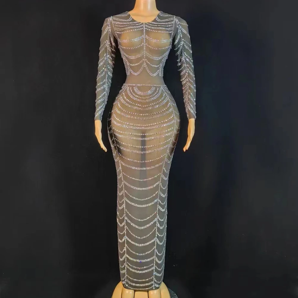 

Sexy Stage Silver Crystal Rhinstones See Through Mesh Dress Women Birthday Evening Party Wedding Drag Queen Photoshoot Dress