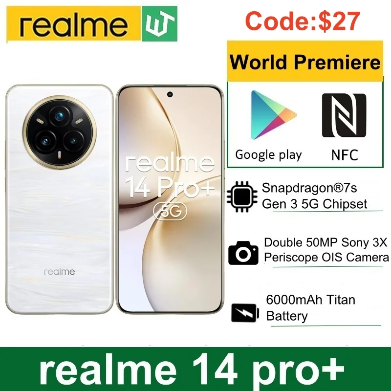 Русская версия смартфона Realme 14 Pro Plus Snapdragon ® Перископ Sony 3 7s Gen 3 5G, 6000 мАч, 50 МП, 6,83 дюйма, изогнутый дисплей 120 Гц