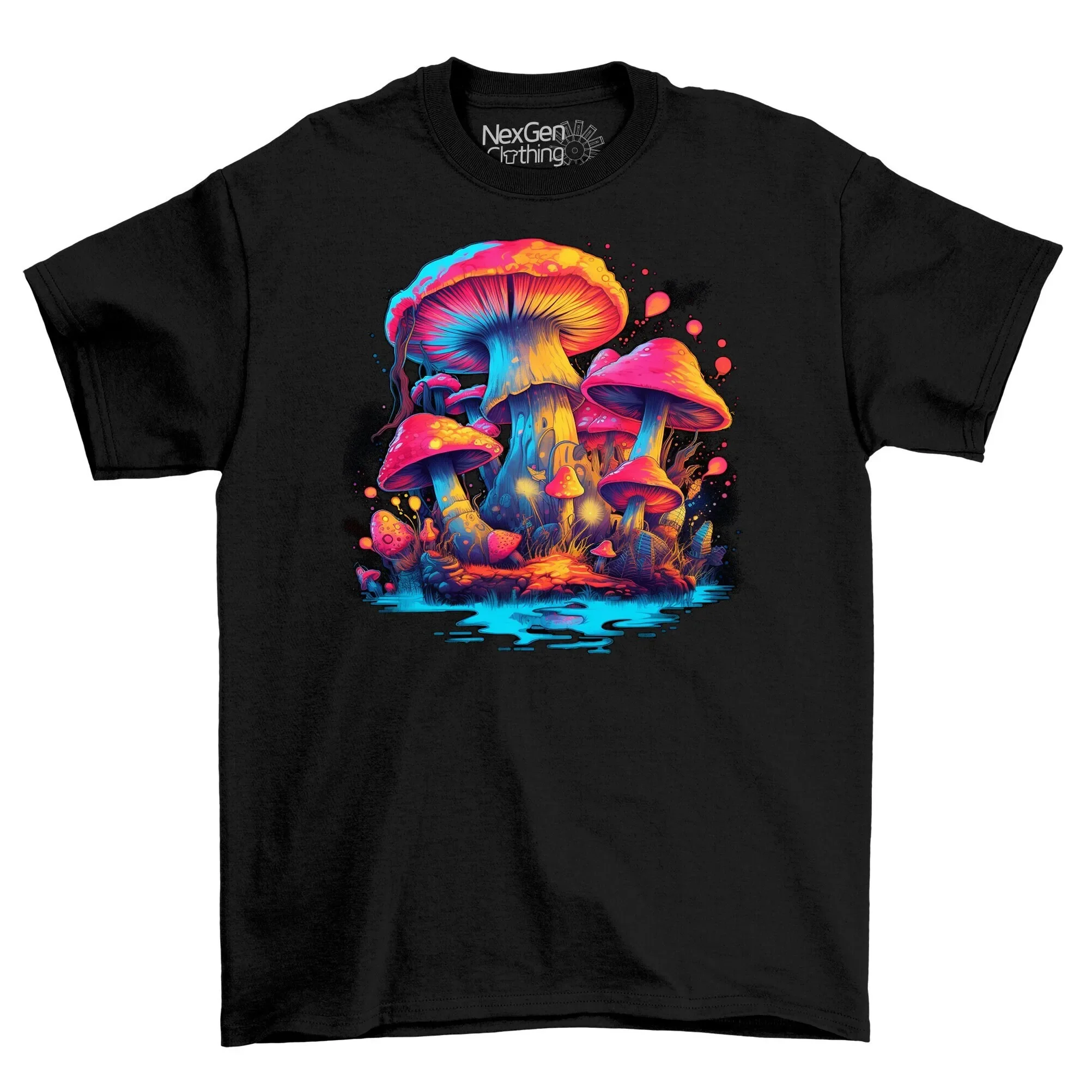 Giant Trippy Mushrooms Psychedelic T Shirt Top Men s Black Cotton Mens Goth Fantasy Dark