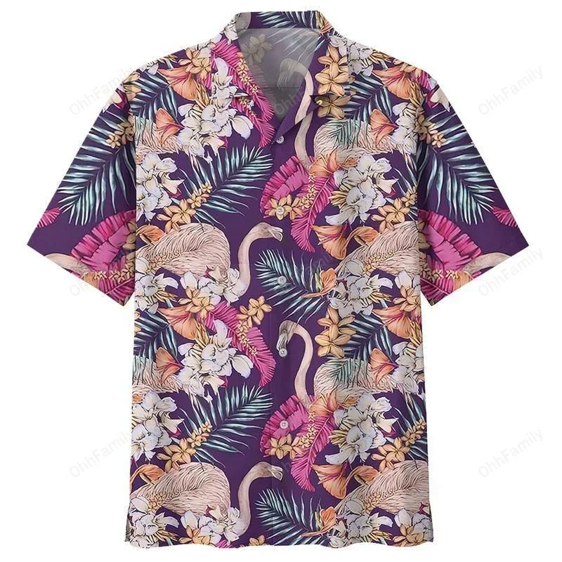 

Flamingo Birds Graphics Hawaiian Shirts For Men 3D Printed Animal Short Sleeve Street Button Blouse Women Oversized Lapel Shirt