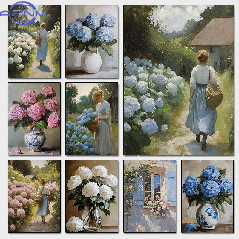 AZNM Romantic Vintage Floral Posters Hydrangea French Cottage Modern Prints Canvas Painting Wall Art Pictures Home Living Room D