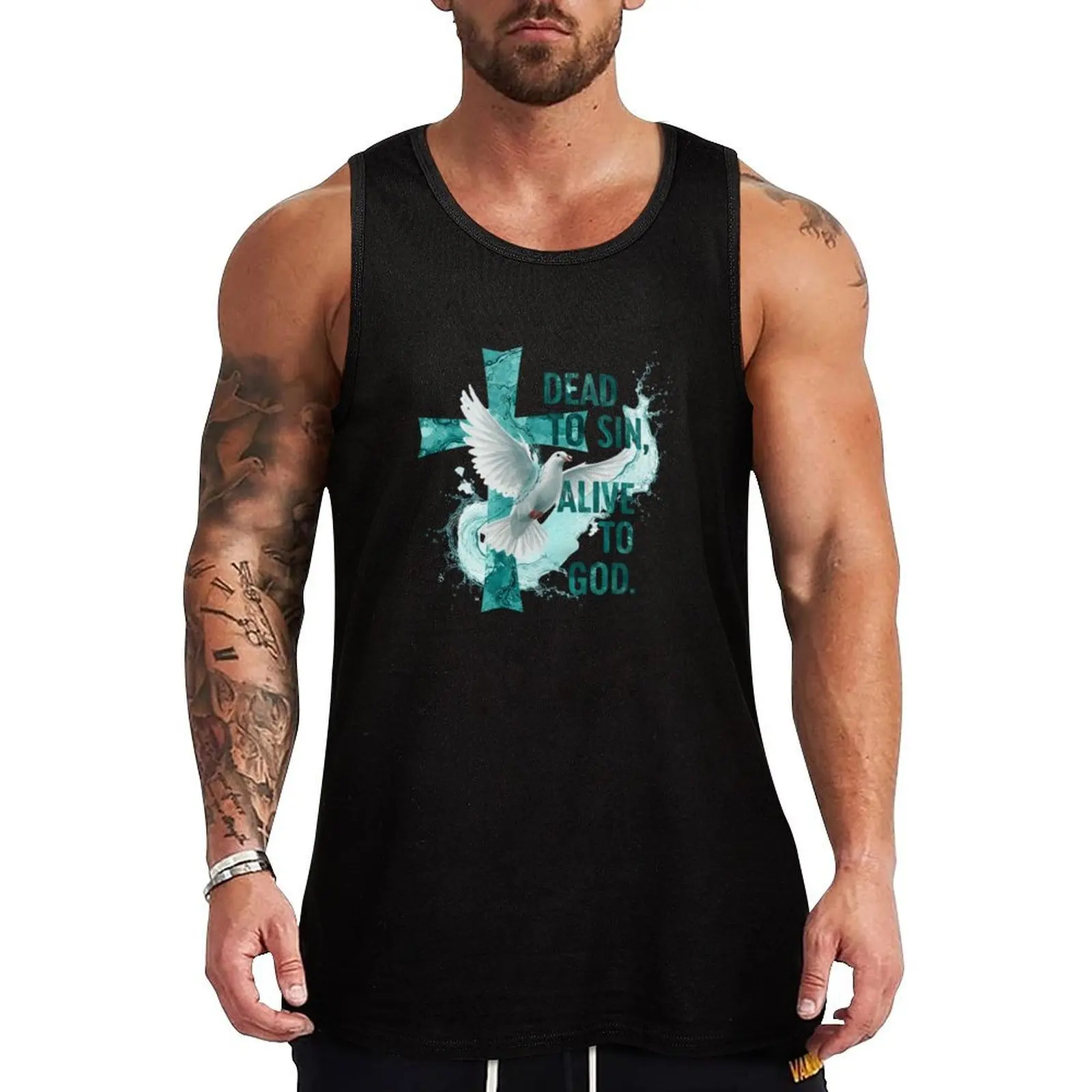 DEAD TO SIN, and ALIVE TO GOD. The text is layered over a textured cross with water splash effects and a descending whi Tank Top