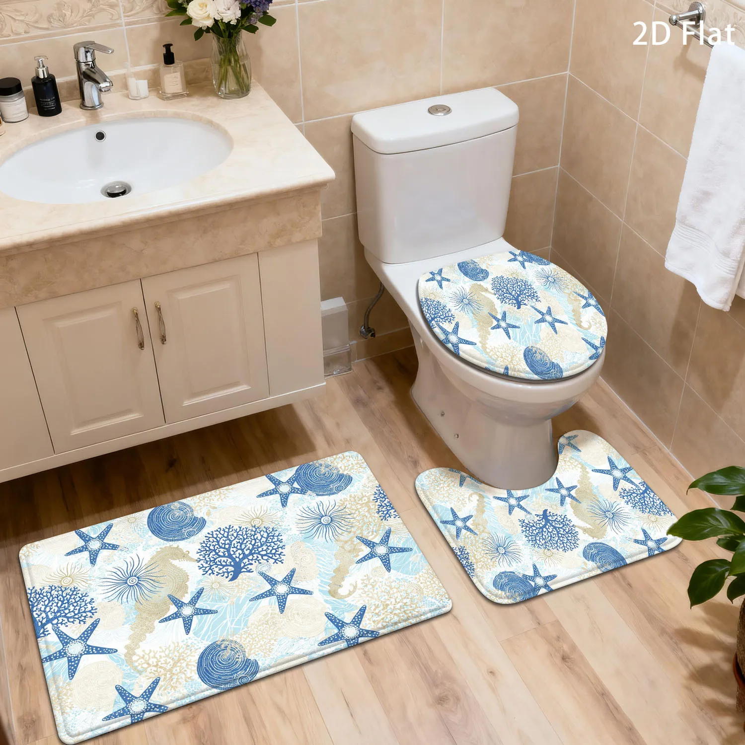 

Набор из 3-х ковриков для ванной комнаты с изображением голубого морского конька и морской звезды, нескользящие, мягкие, для туалета, раковины, ванны, домашнего декора