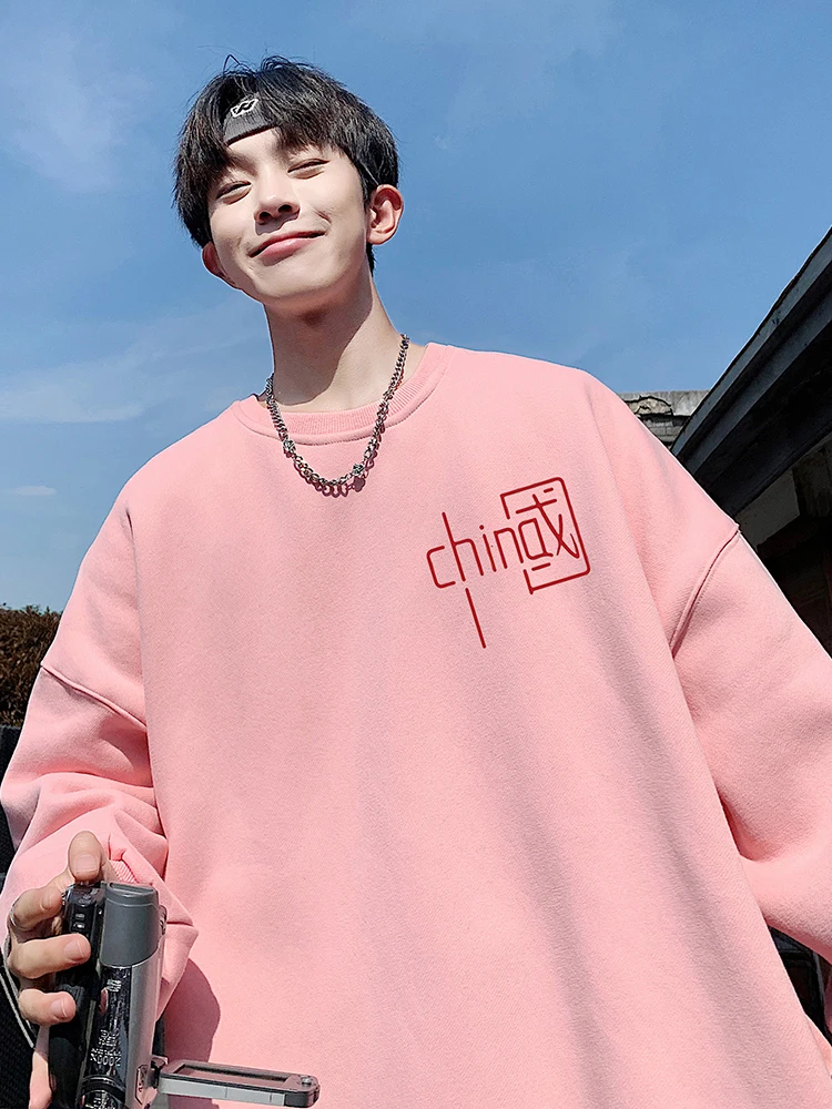 Camiseta Masculina Rosa de Manga Longa com Gola Redonda, Sem Capuz, Estampada, Estilo Casual Solto, Tendência Primavera 2024,...
