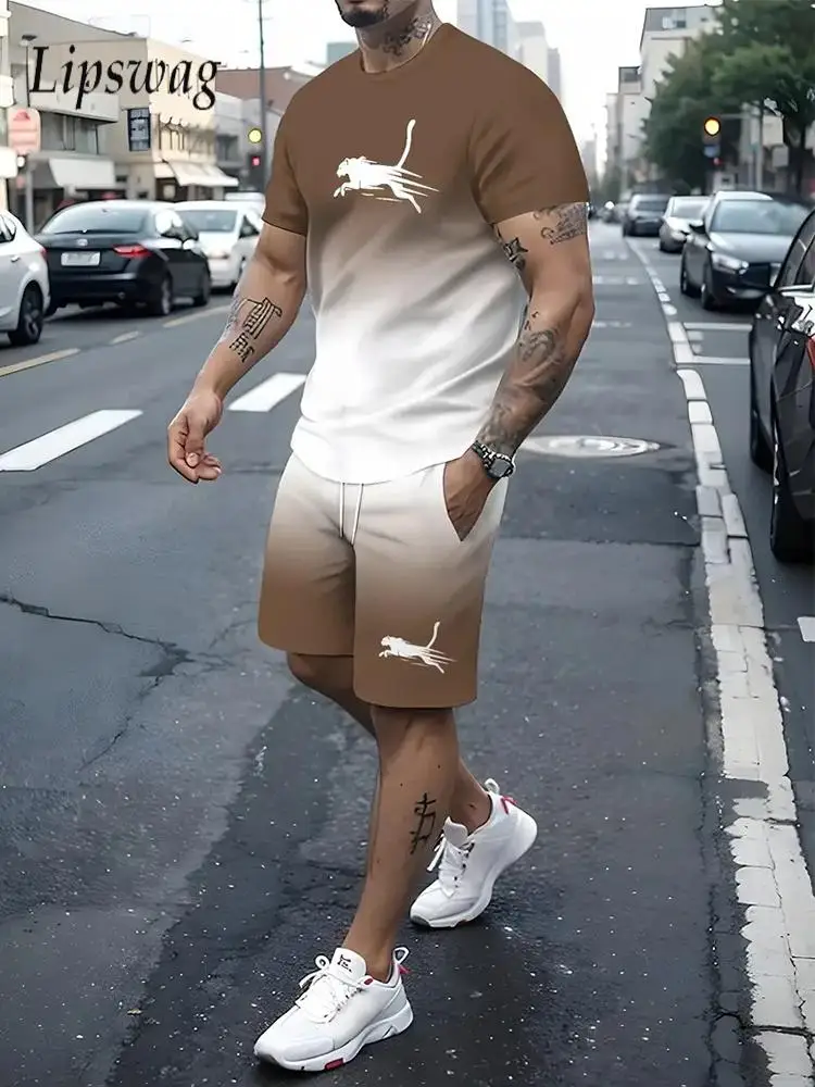 

Trendy Men's Leopard Printing Two Pieces Suits Summer Outdoor Casual Short Sleeve O Neck Tee And Shorts Sets Men Fashion Outfits
