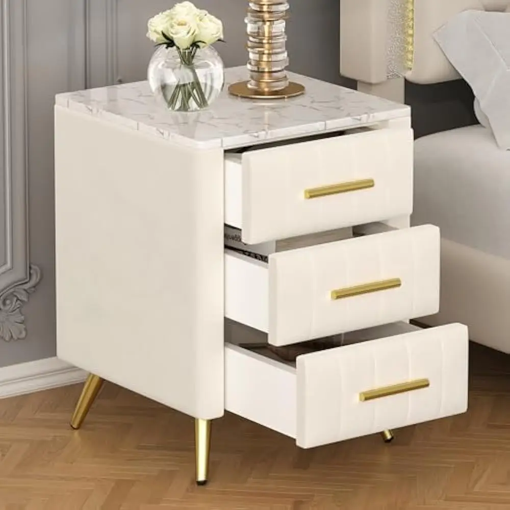 

Nightstand, Upholstered Wooden Nightstand with 3 Drawers and Metal Legs&Handles, Bedside Table with Marbling Stickers Worktop