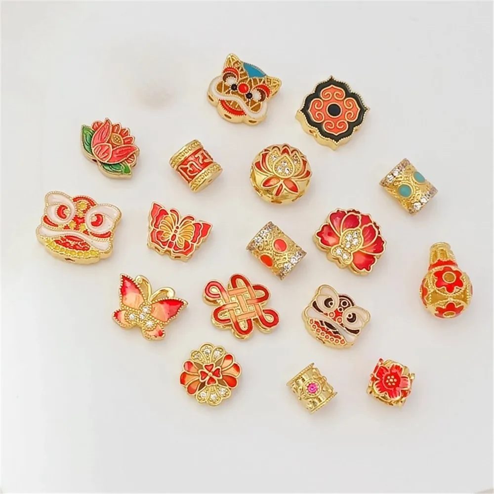 18K Gold-plated Zirconium-inlaid Oil-dripping Red Festive Peach Blossom Chinese Knot Lotus with Hollowed-out Beaded Ornaments