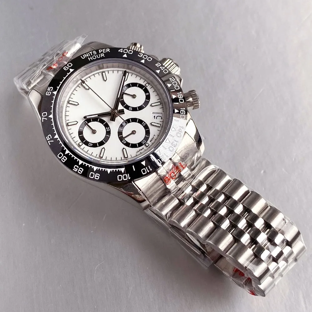 39 مللي متر Tandorio الأبيض الهاتفي كامل كرونوغراف اليابان VK63 ساعة متعددة الوظائف كوارتز رجالي ساعة معصم الياقوت الزجاج #2