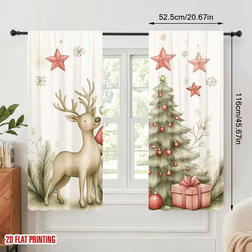 2pcs,2D plane printing Curtains Digital Printed Cute Christmas Santa Reindeer Tree (3) Durable 100% Polyester Fabric (without