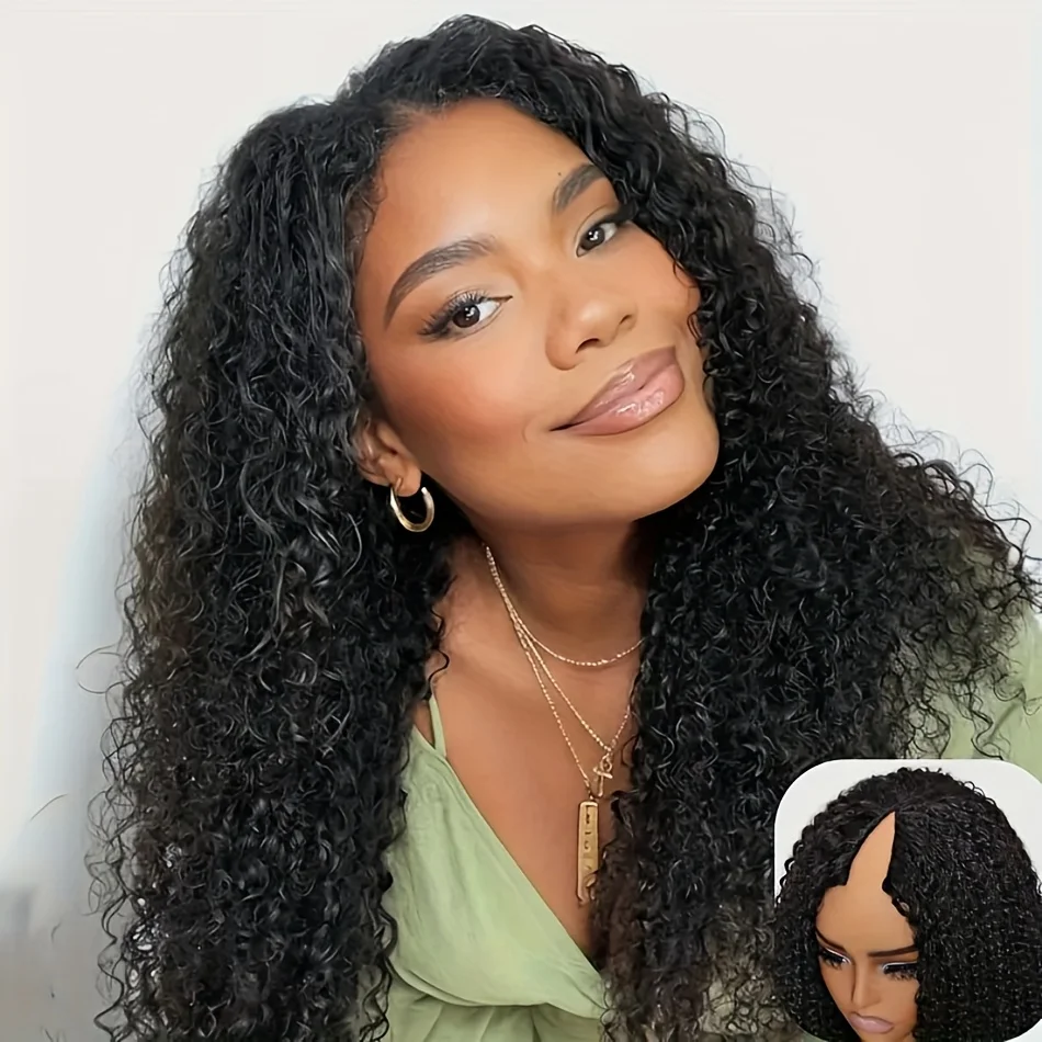 

V Part Kinky Curly Human Hair Wigs No Leave Out 14-22 Inch Brazilian Hair Machine Made V Shape Curly Wig For Women Natural Color
