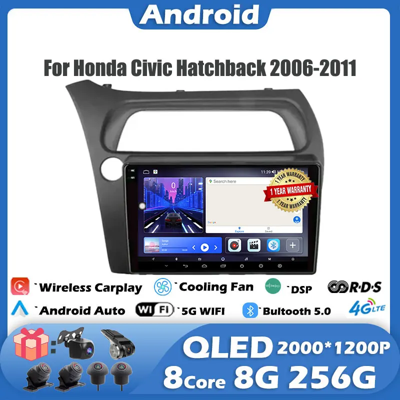 

Автомагнитола QLED для Honda Civic Hatchback 2006-2011, 9 дюймов, Android 14, Автомобильный мультимедийный видеоплеер с GPS-навигацией, Carplay, Wi-Fi