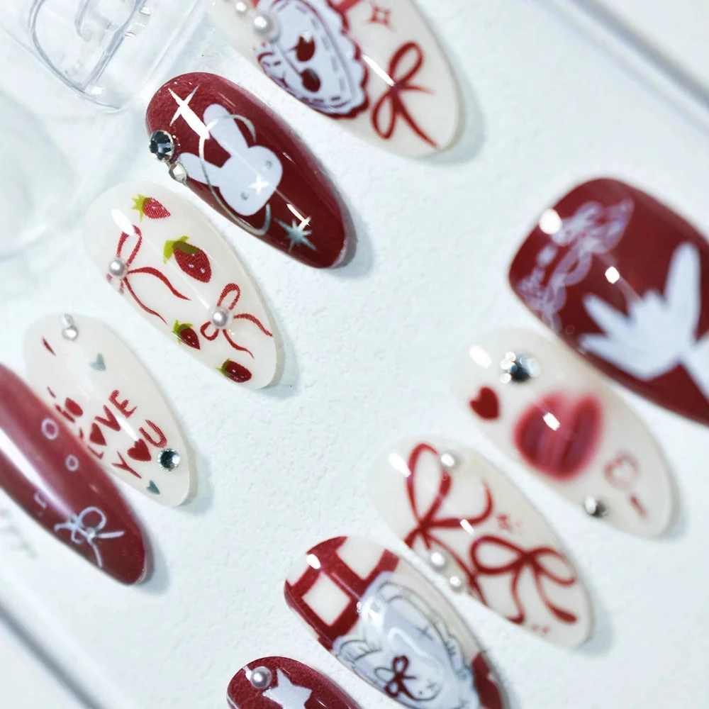 30 pièces papillon dessin animé lapin presse sur ongles moyen amande faux vin rouge amande strass perle conception bricolage ongles Y2K