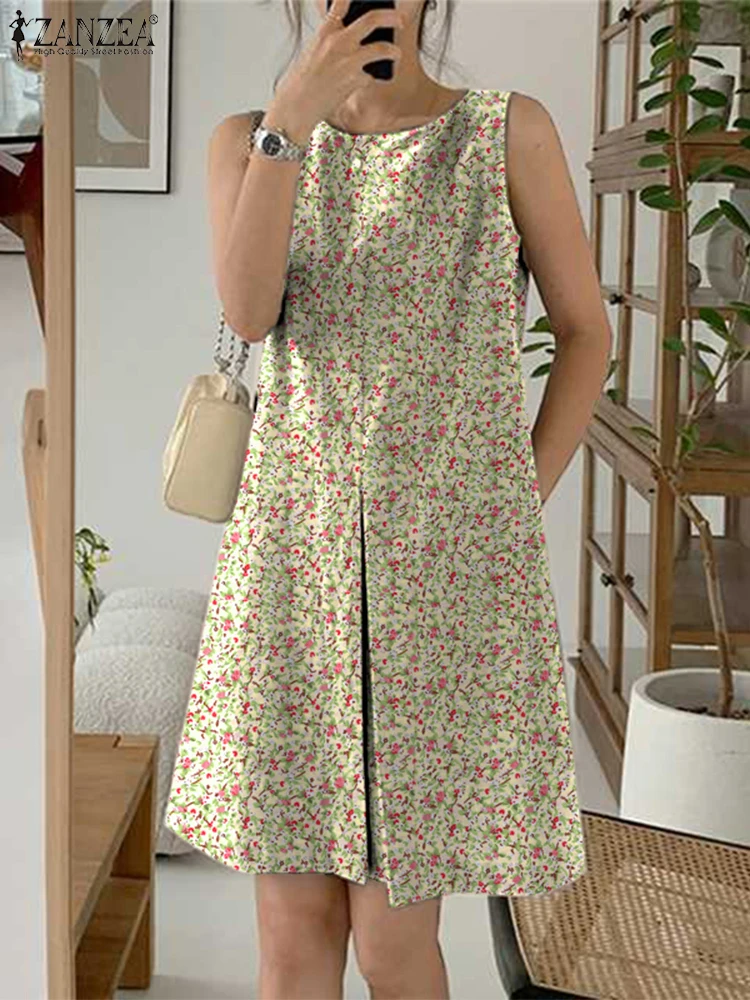 2025 Vestito estivo estivo ZANZEA Donna Elegante vacanza Mini abito senza maniche Stampa Abiti a pieghe Casual Beach Tank Abiti Caftano