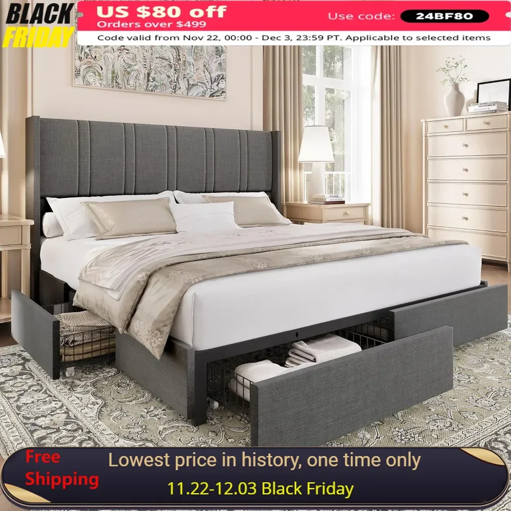 King Bed Frame with 4 Storage Drawers Linen Platform Bed with Wingback Headboard, No Box Spring Needed, Platform Bed Frame