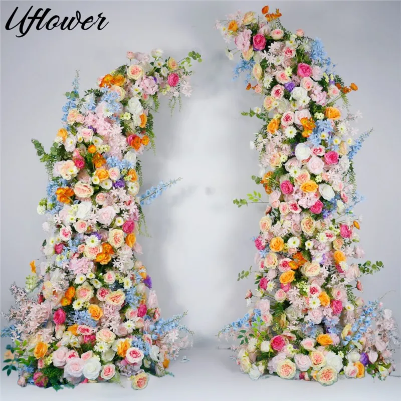 

Uflower Romantic Peach Autumn Hydrangea Rose Orchid Wedding Floral Arrangement Horn Arch Frame Decor Stage Flower Row Event Prop