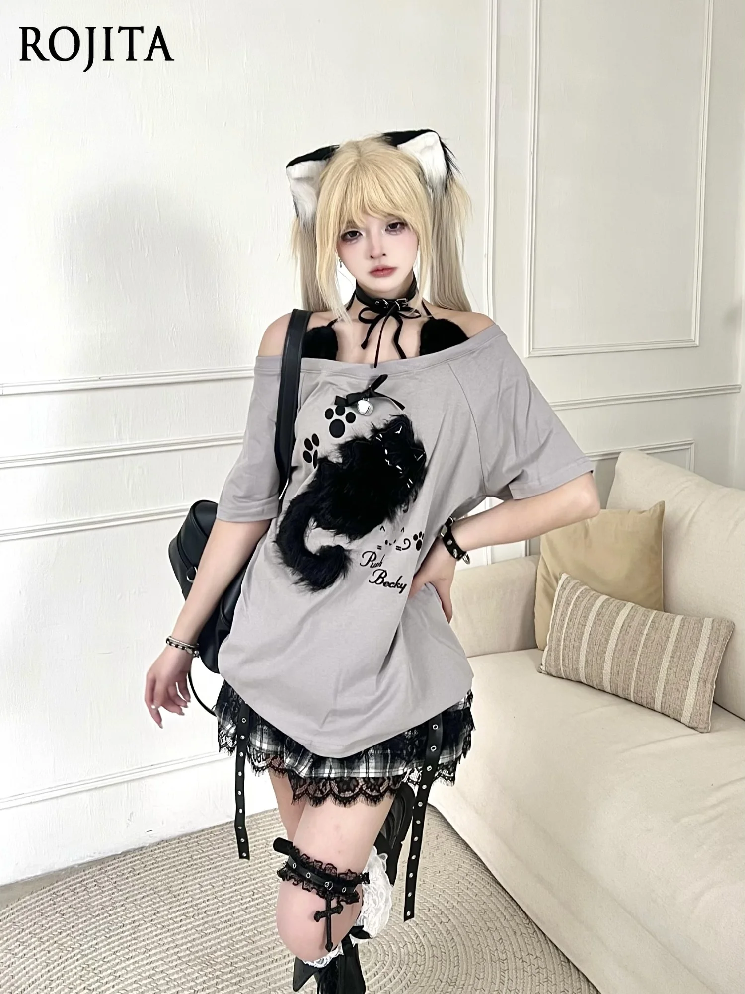 

Cat Ear Sweet Spice Girl Summer Short T-Shirt Top Cat Flocking Off Shoulder Neck Strap Top Loose Short Sleeve T-Shirt Women