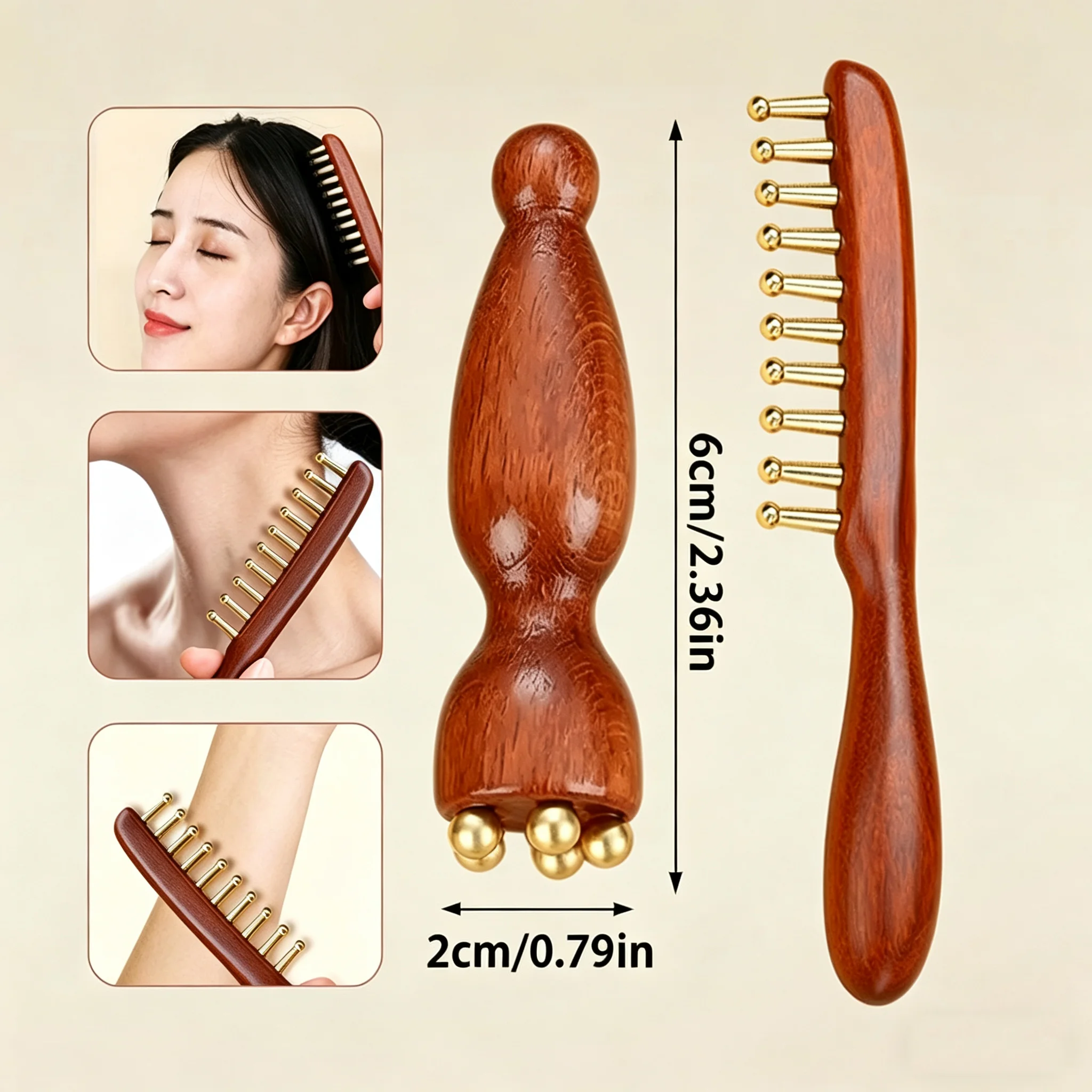 Peigne à méridiens en cuivre à 10 dents et bâton de massage oculaire en laiton Lotus, pour le cuir chevelu et le corps, thérapie Gua Sha, peigne à méridiens pour cheveux longs