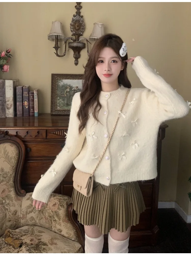 Kimotimo Sweet Bow Knitted Cardigan Women Korean Fashion Long Sleeve Cropped Sweater Coat Autumn Winter Warm Y2k Kawaii Tops INS