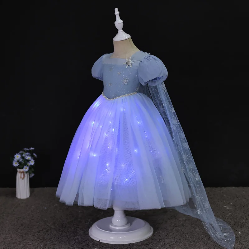 Puffy Dresses for Girls Summer New Queen Princess Party Beautiful Kids Girl Shining Sequin Blue Dress Clothes 3 to 8 Years Old