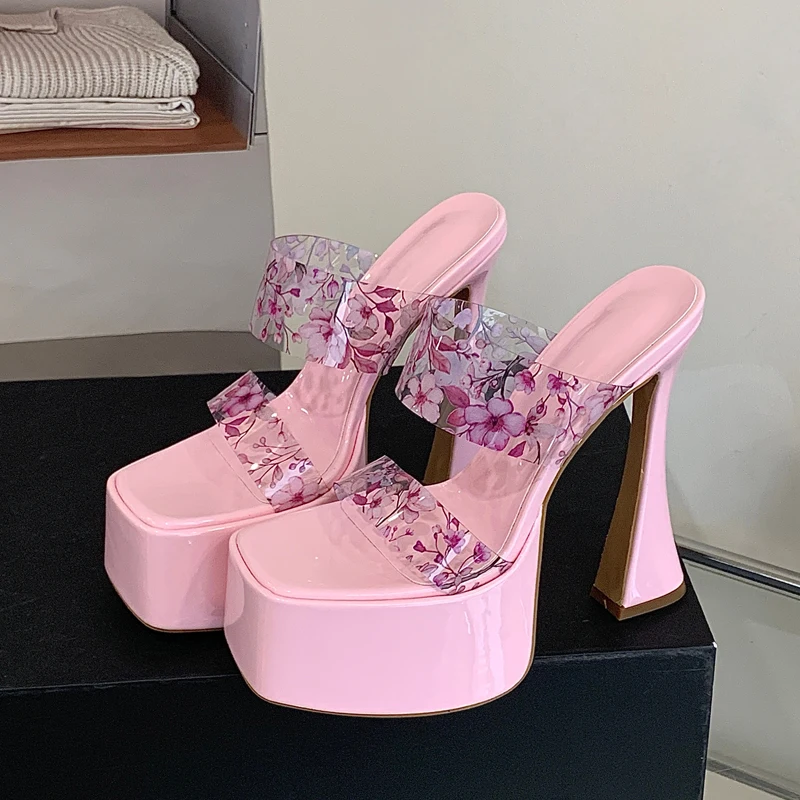 Eilyken Summer Fashion Flower PVC Transparent Square Toe Women Slippers Street High Heels Buckle Strap Party Banquet Shoes