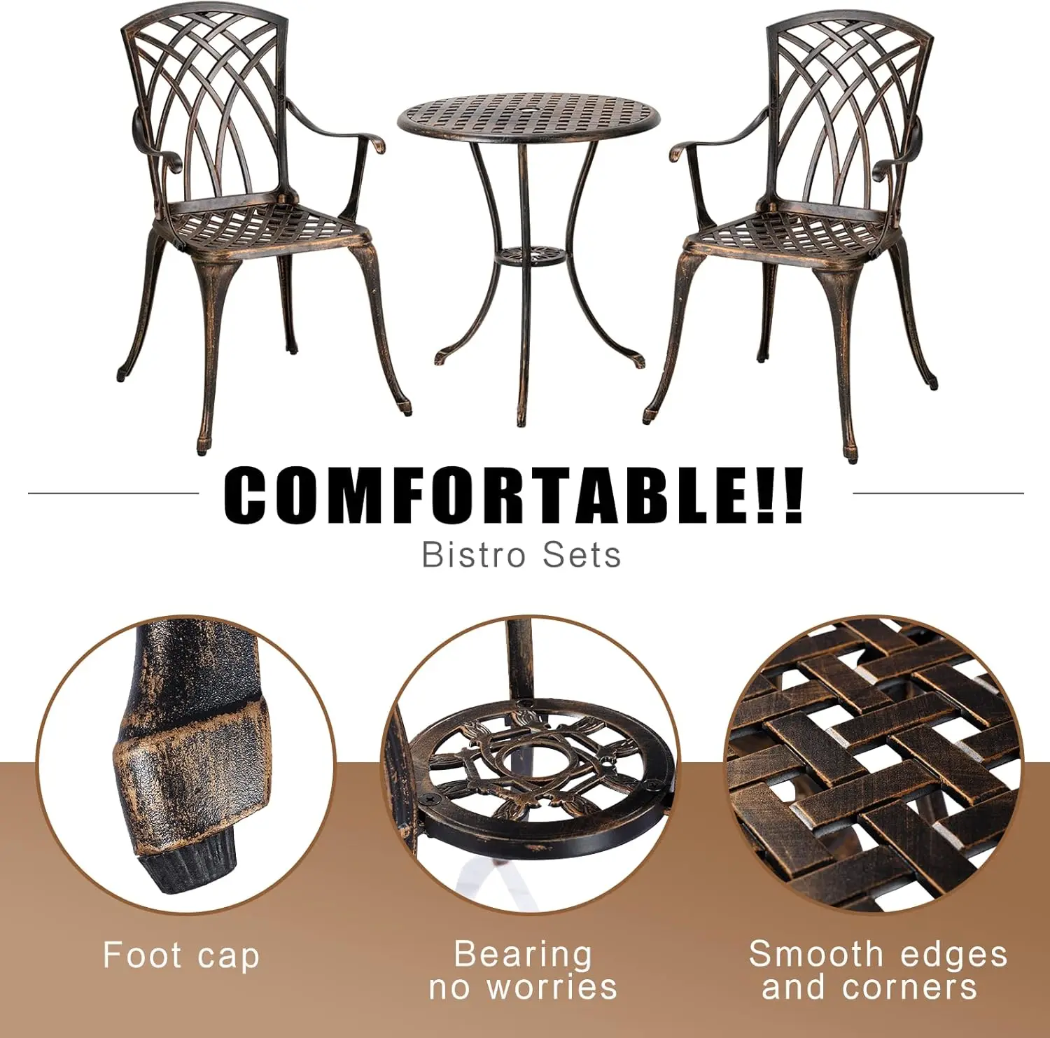 Bronze rust-resistant cast aluminum 3-piece outdoor bistro set with round table equipped with umbrella hole, sturdy metal furniture for patio, balcony and private yard leisure use view 3