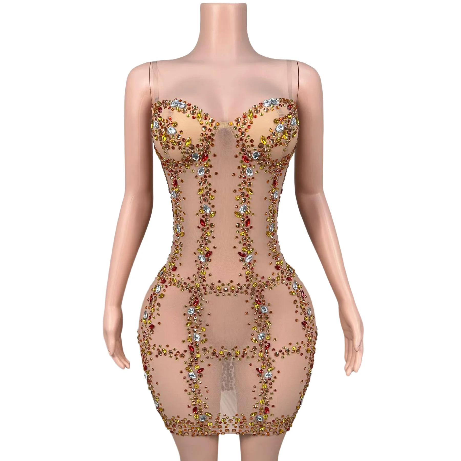 Huajiao Luxury Gold Red Crystal Embellished Short Dress Sheer Mesh Sweetheart Neck Bodycon Performance Outfit