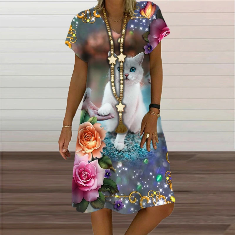 Gradient Floral 3D Cat Women Dress Sweet Casual V-Neck Short Sleeve A-Line Dress 2023 Summer Fashion Street Print Dress Oversize