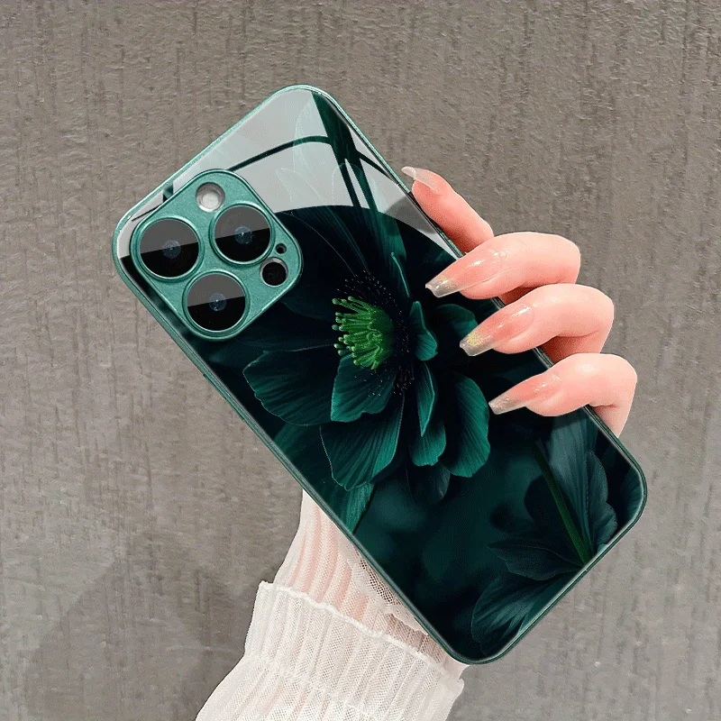 Dark Green Floral Patterned Glass Phone Case for iPhone17promax /16/15/14/13/12ProMax/11/11Pro Anti-drop protection