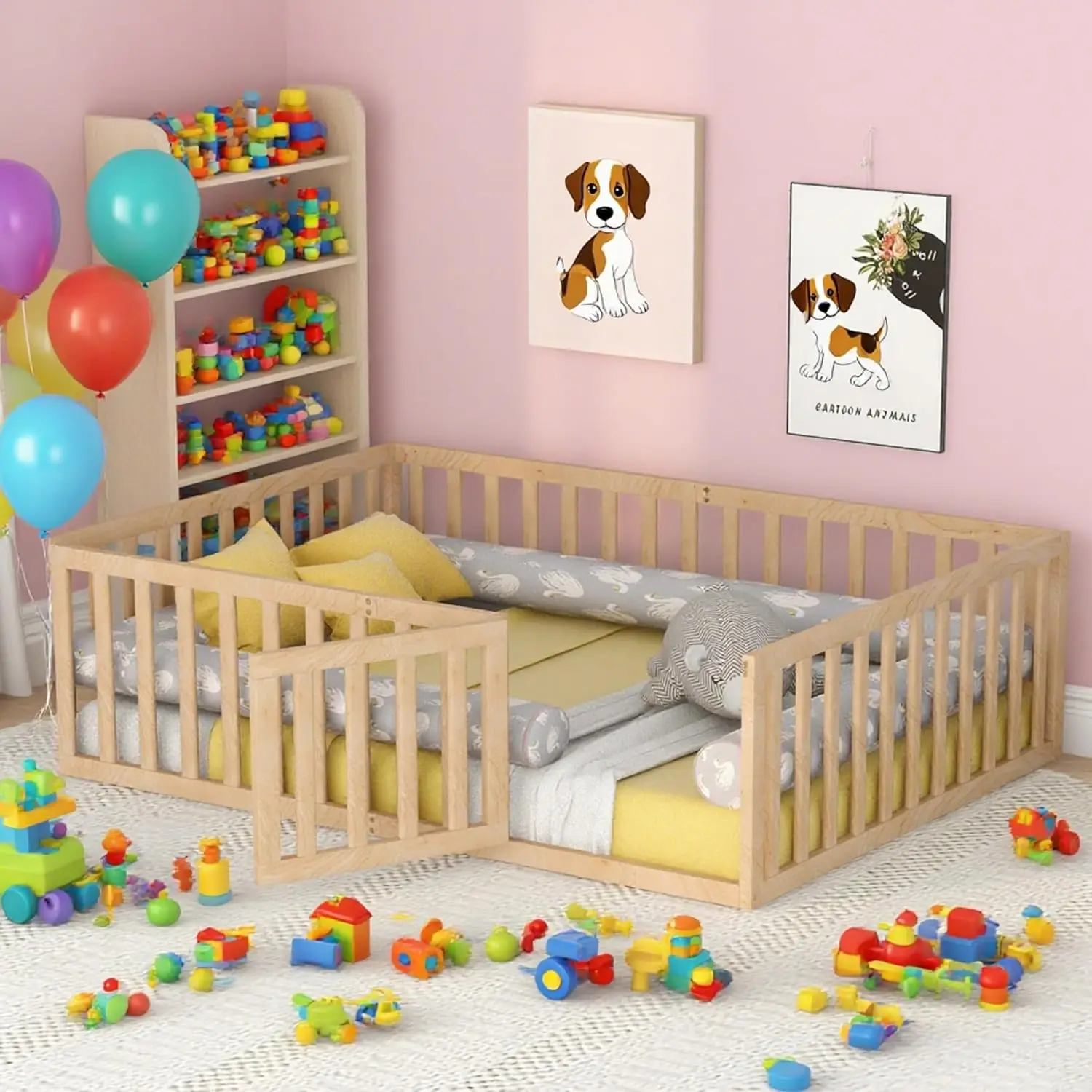 

Queen Floor Bed with High Fence and Door, Wood Montessori Floor Bed with Rails, Cute Montessori Bed Queen Size, Natural