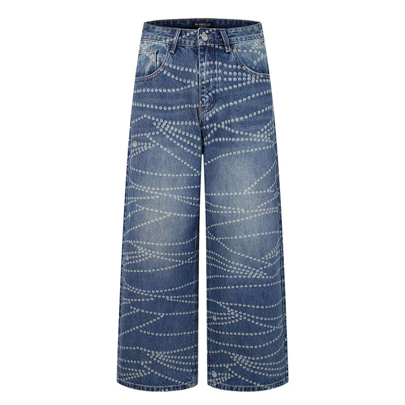 Hi Street Vintage Printed Jeans Pants Blue Streetwear Loose Denim Trousers For Male Hip Hop