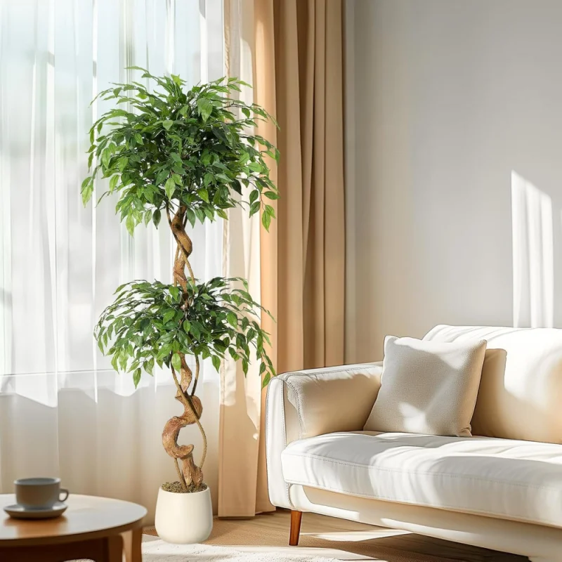 

Artificial Ficus Tree with Natural Wood Trunk, Fake Ficus Tree in Coil Shape, Faux Plant for Office Home, Indoor Outdo