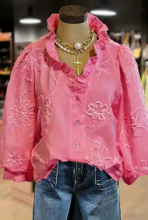 

Women's Hot Selling New Casual Vacation Fashion V-Neck Top with Embroidered Lotus Leaf Bubble Sleeve Shirt for Women
