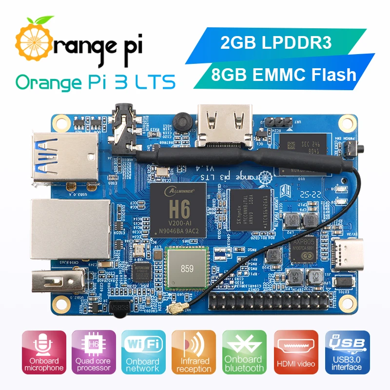 Orange Pi 3 LTS+Black Case+5V3A Type-C Power Supply,DDR3 Allwinner H6 WiFi+Bluetooth5.0 Mini PC,Run Android 9.0/Ubuntu/Debian OS