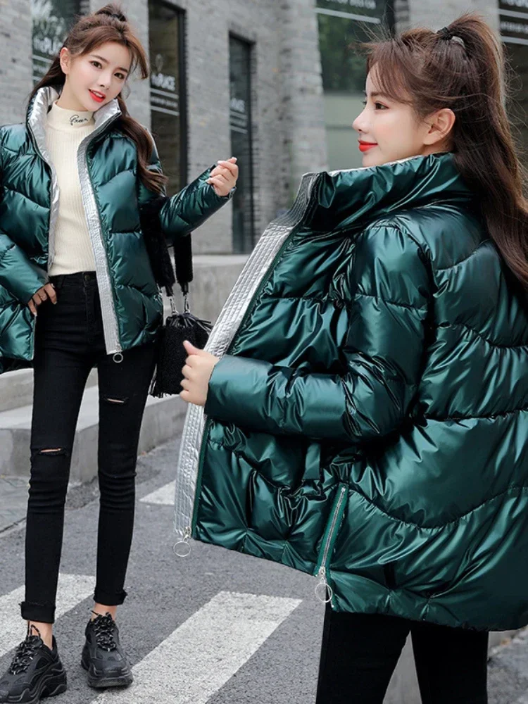 Light-reflecting Jacket Women Winter Warm Bread Parka Short Padded Casual Thick Stand-callor Oversized Cotton Coat Femme Parkas