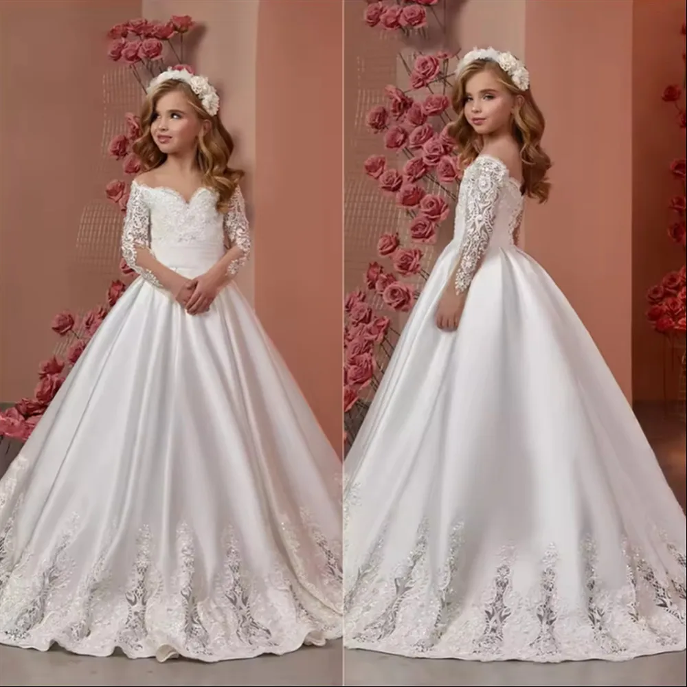 

Elegant Flower Girl Dress Pageant Gown for Wedding Satin Appliques Lace Floor Length Birthday Party First Communion Gown