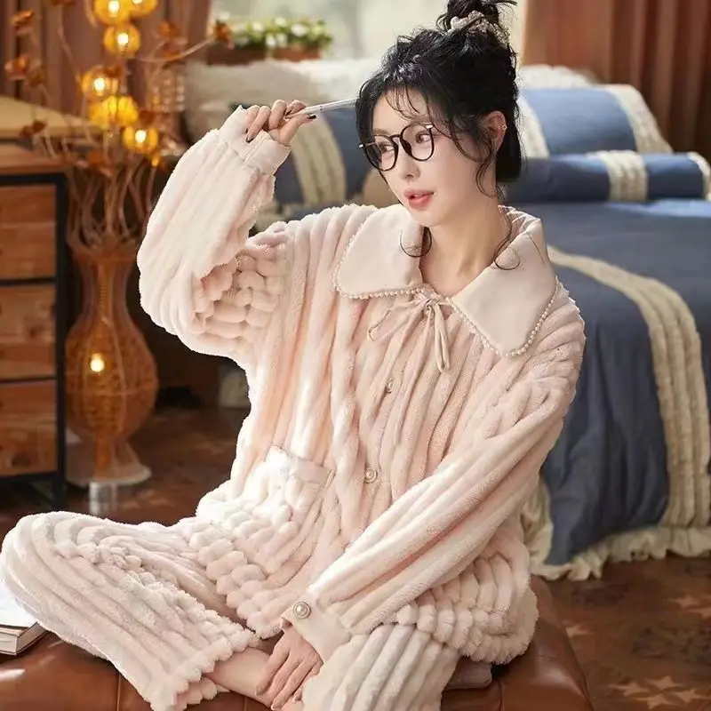 

Antarctic Pajama Ladies Spring Autumn Autumn Winter Coral Velvet Thickened and Flannel Large Size Can Be Worn At Home Underwear