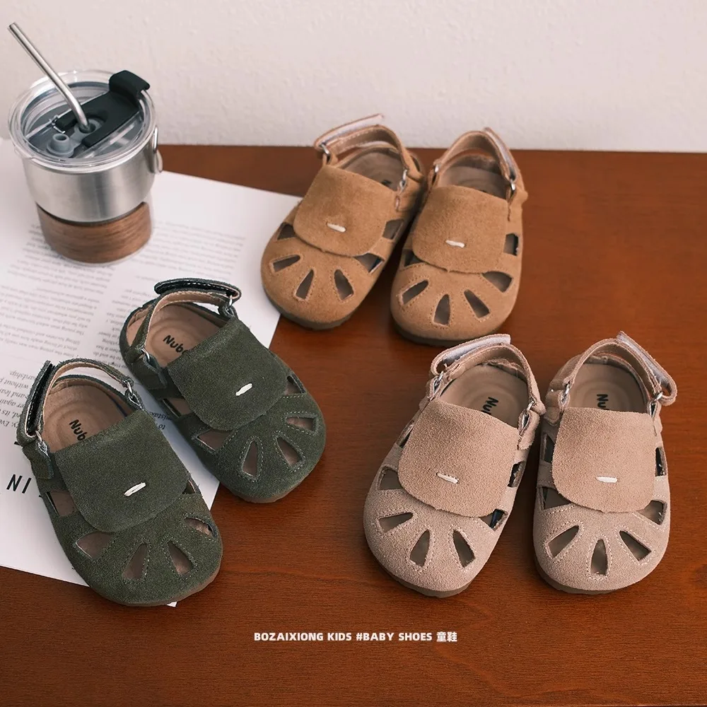 

Summer New Children's Sandals Nubuck Leather Baotou Boys Girls Half Slippers Casual Shoes Round Head Fashion Kids Lazy Flat Shoe