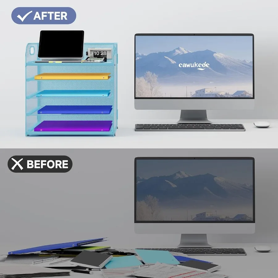 Organizzatore di carta a 5 livelli con maniglia per aula, scuola e ufficio, organizer da scrivania in rete metallica con cartella di archiviazione