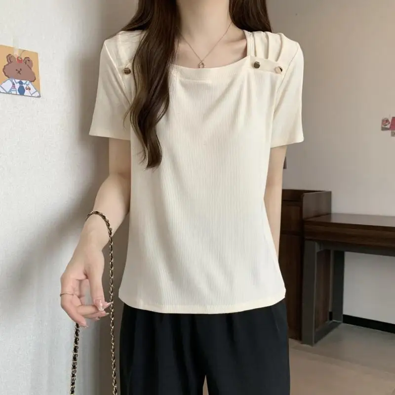 Women Summer Simplicity Slim Fashionable Appear Thin Irregular Square Collar Short Sleeve T-Shirt Ladies Casual All-match Tops