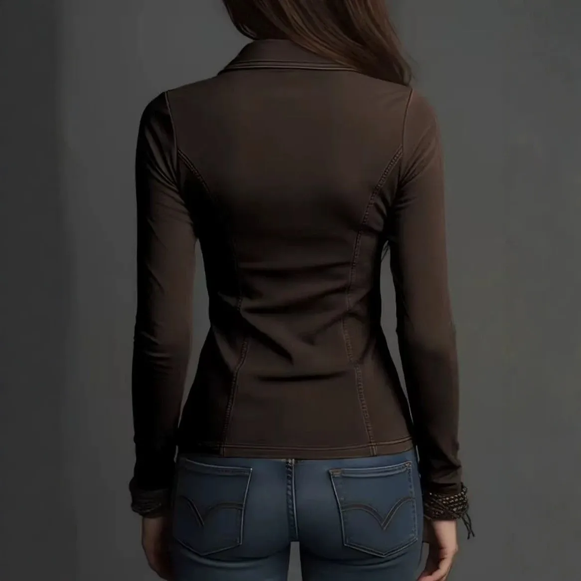 Long Sleeve Stand Collar Fitted Top with Pullover Set in Sleeve Elegant Commuter Chic Women Jacket Regular Length Spring Jacket
