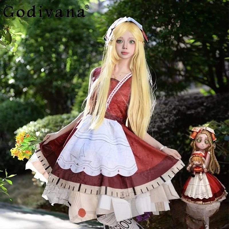 Costume cosplay per ragazza Pelle invecchiata Abito Lolita rosso Donna Abito natalizio carino Gioco Identity Survivor Memory Dress con parrucca