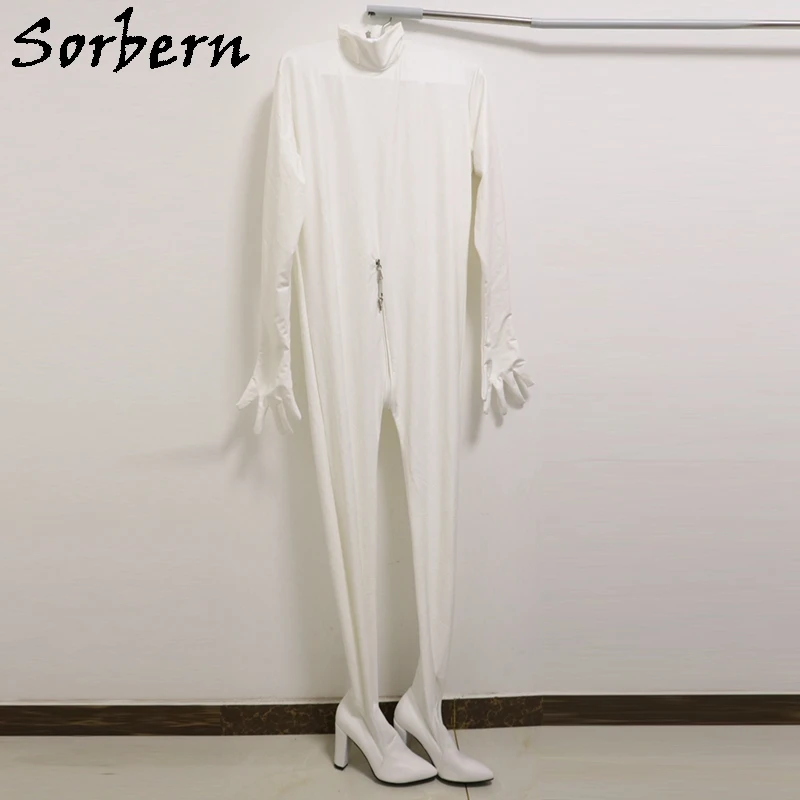 Sorbern White Matte Streched Body Suit Unisex Block High Heel Pointed Toe Long Sleeves With Fingers Lockable Zippers Custom