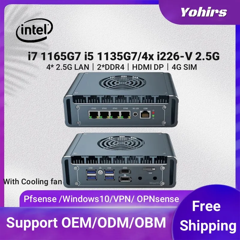 Intel Core i7 11657 i5 1135G7 Mini PC con ventola Soft Router 4x i225/i226 2.5G LAN HDMI DP pfSense Firewall Appliance ESXI AES-NI