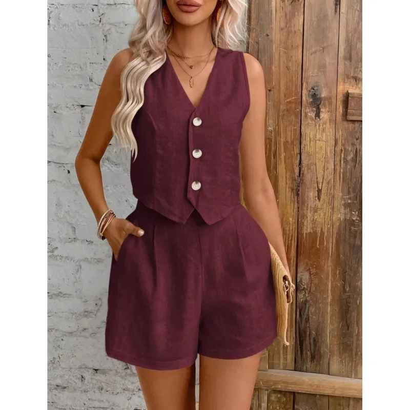 Fashion Solid 2 Piece Sets Women Outfit Summer Casual Clothing Sleeveless Button Vest and Shorts Sets Women's Harajuku Tracksuit