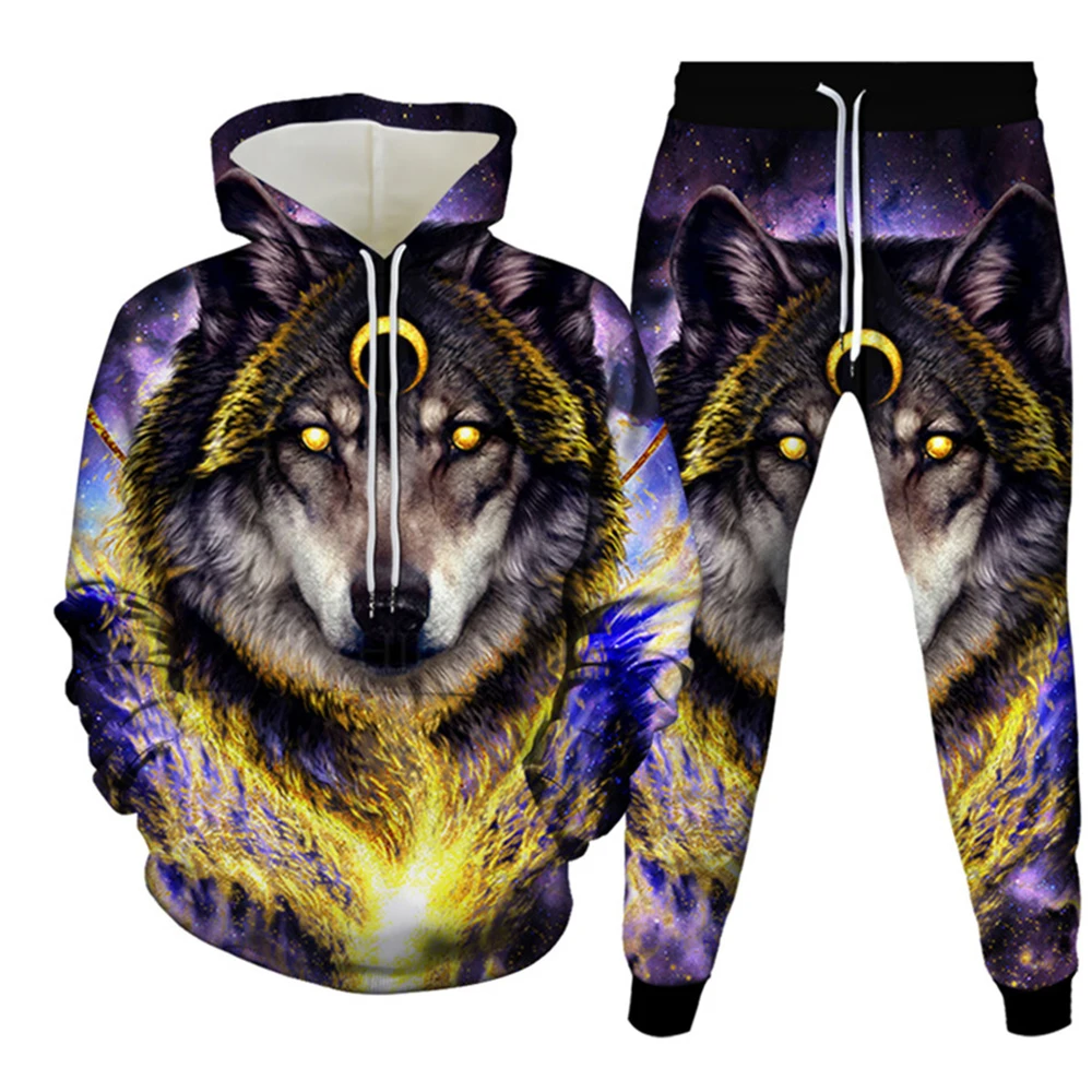 Moletons e calças estampados em lobo 3D masculino, traje de treino Harajuku, roupa esportiva retrô, conjunto de roupas legais animal, 2 peças